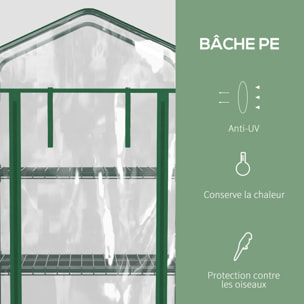 Serre de jardin balcon sur roulettes 4 étagères dim. 0,69L x 0,5l x 1,65H m acier thermolaqué bâche PVC porte zippée transparente