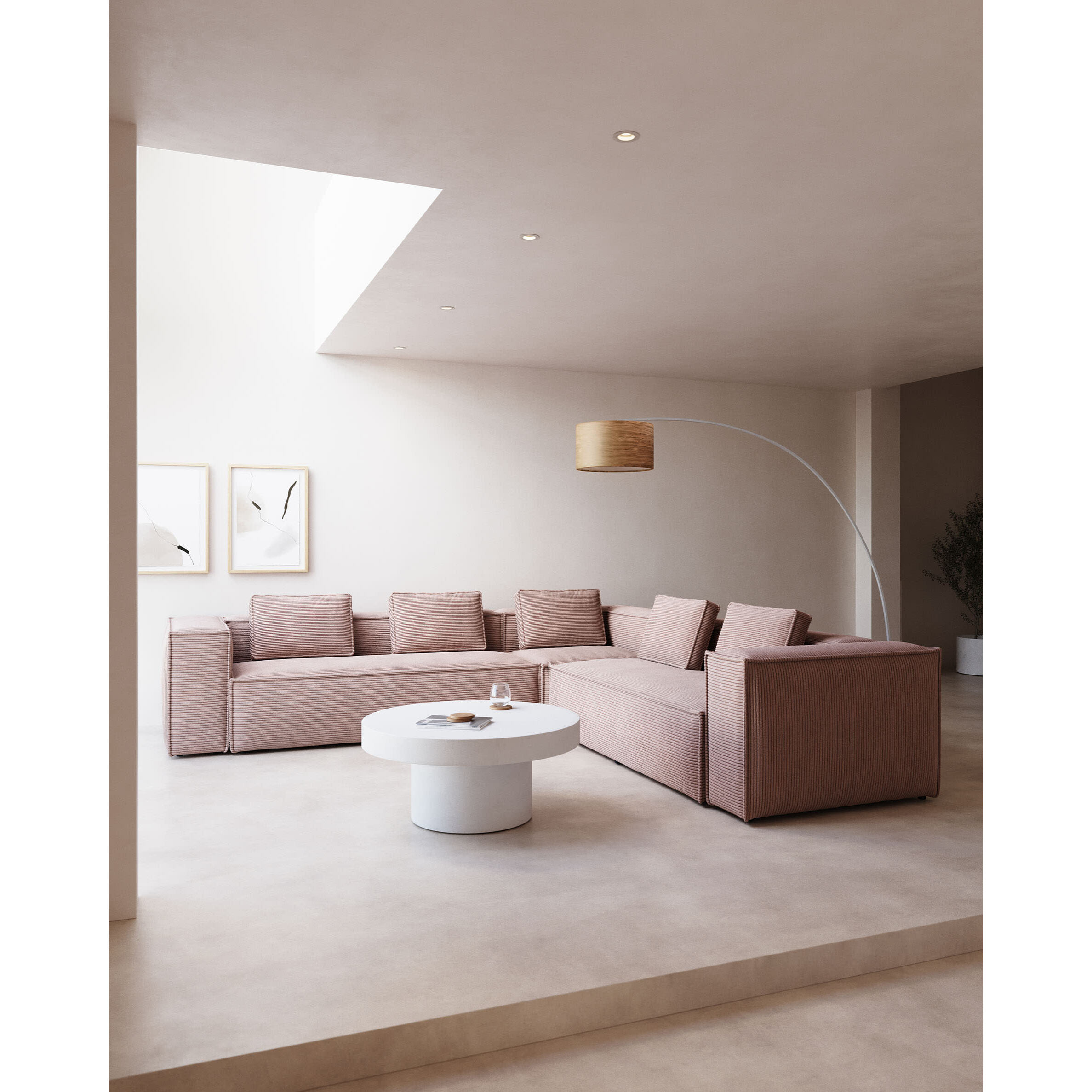 Kave Home - Divano ad angolo Blok 6 posti in velluto a coste spesse rosa 320 x 320 cm