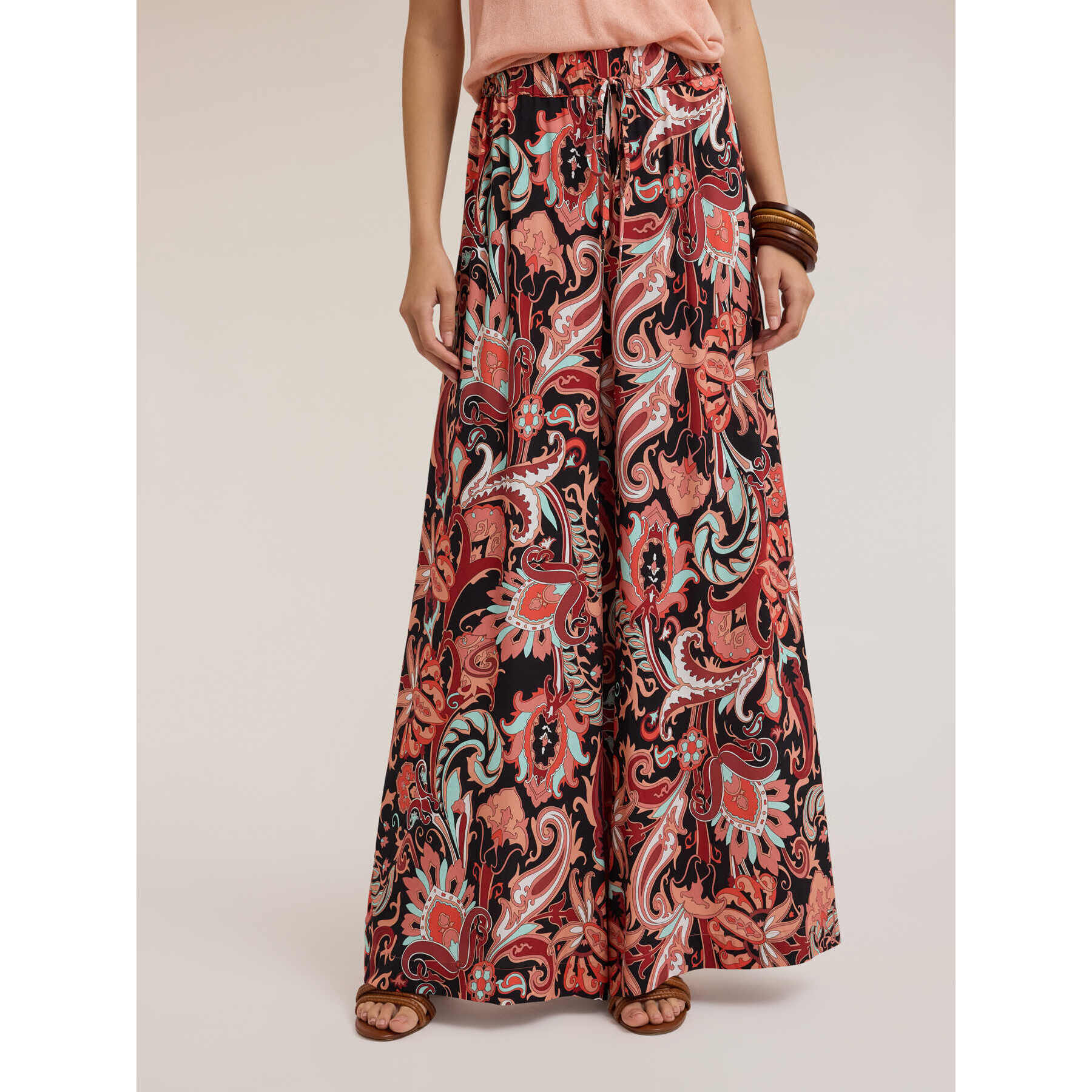 Motivi - Pantalones palazzo fluidos con estampado étnico - Rojo