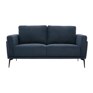 Canapé design 2 places en tissu effet velours texturé bleu foncé et métal noir MOSCO