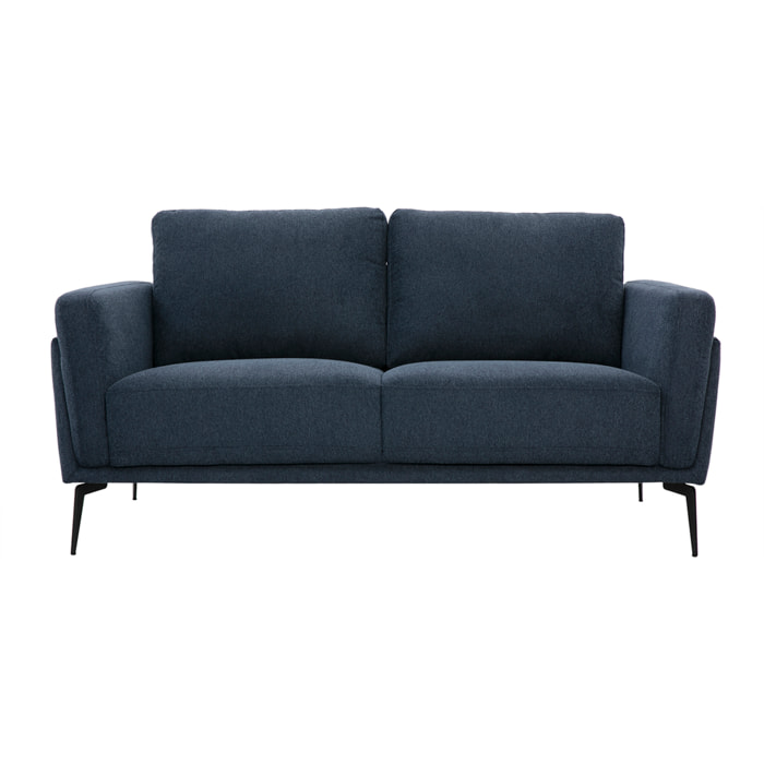 Canapé design 2 places en tissu effet velours texturé bleu foncé et métal noir MOSCO