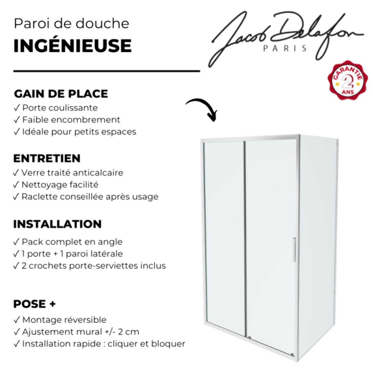 Pack paroi douche coulissante angle 160x70cm JACOB DELAFON L'Ingénieuse