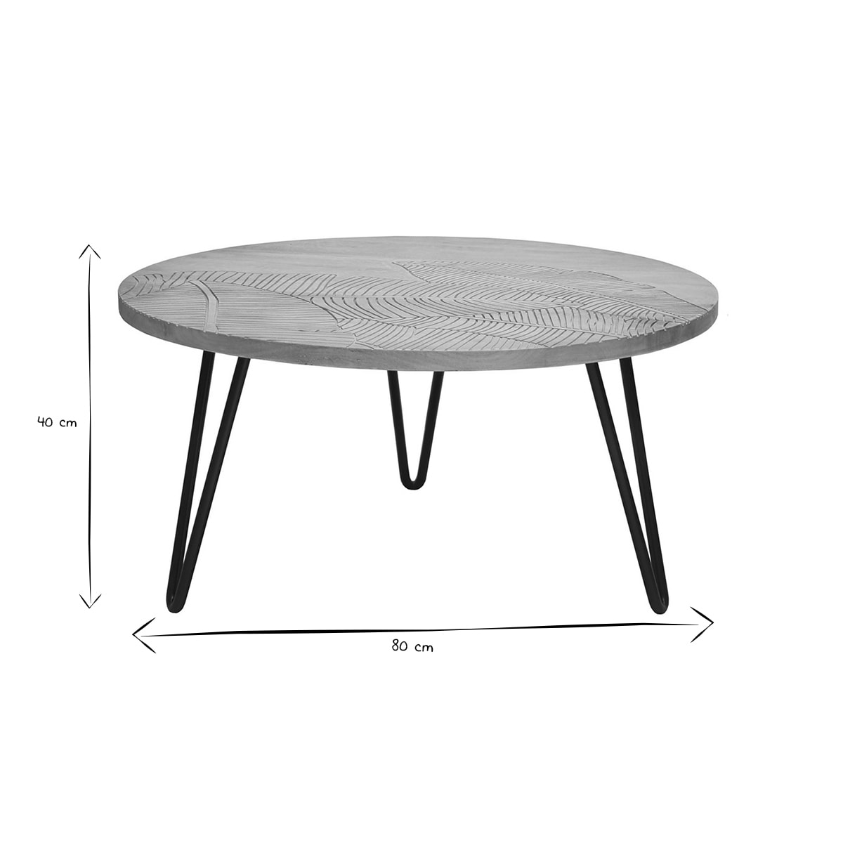 Table basse ronde gravée bois manguier massif et métal noir D80 cm VIBES