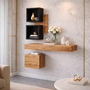 Mobile Ingresso Moderno Con Pensili A Giorno Mensole Sospese Con Cassetto E Anta Salvaspazio Design Nordico 100 x 170 x 30 Cm Nero E Rovere