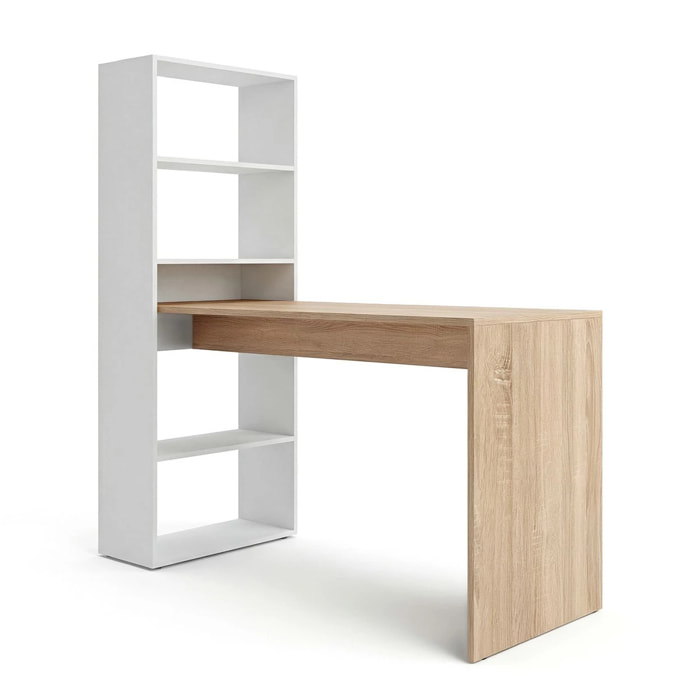 Mesa de escritorio con estantería en blanco artik y roble canadian 120x50 cm Cosmic Blanco Artik (Blanco Mate) - Roble Canadian