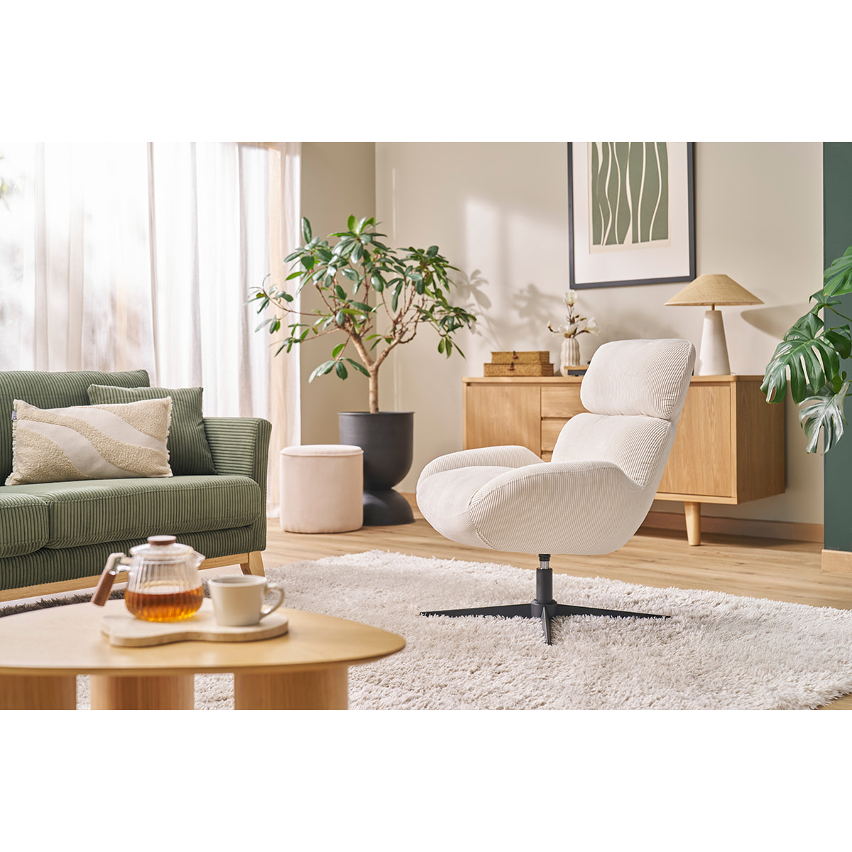 Fauteuil pivotant en tissu velours côtelé écru et métal noir KLEM