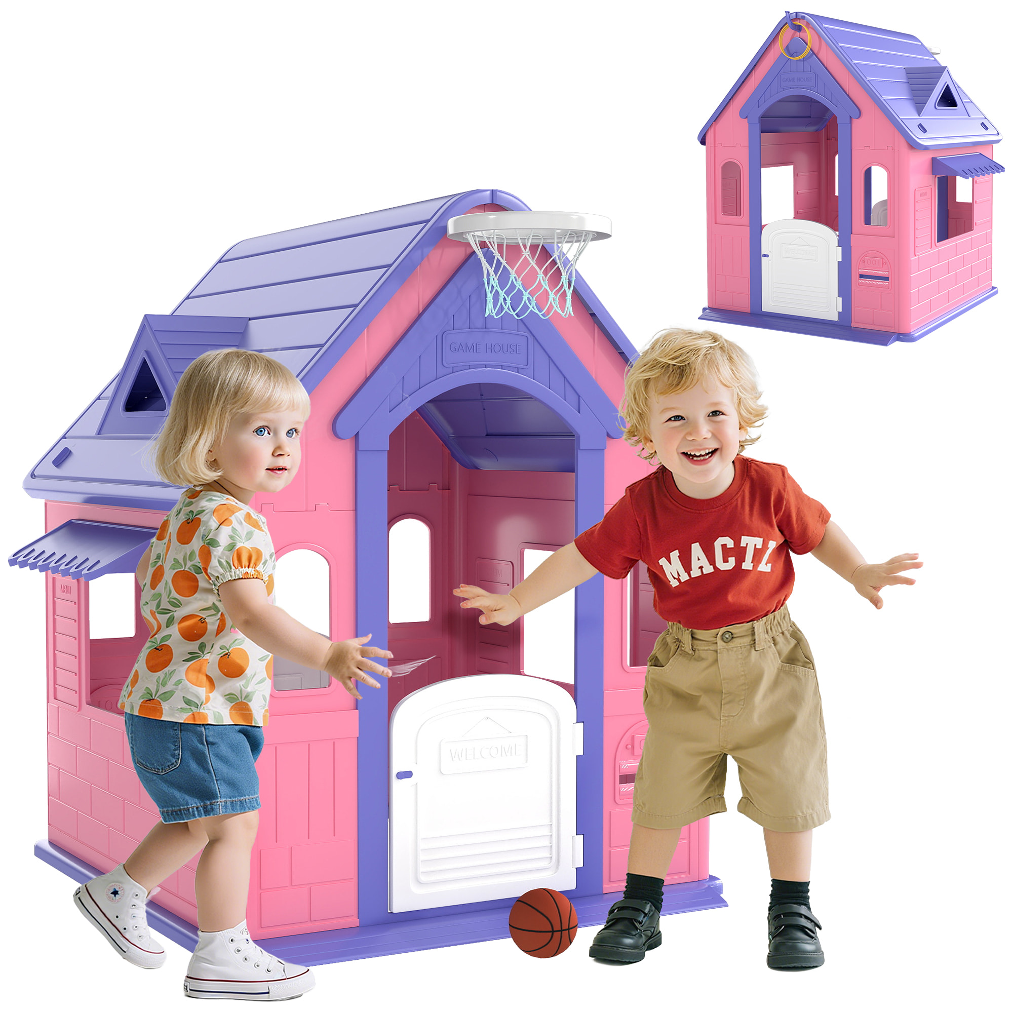 Casita Infantil Exterior e Interior 3 en 1, Casita Infantil de Jardín con Lanzamiento de Aros, Baloncesto, Casa de Juegos para Niños de 2-5 Años, Rosa y Morado
