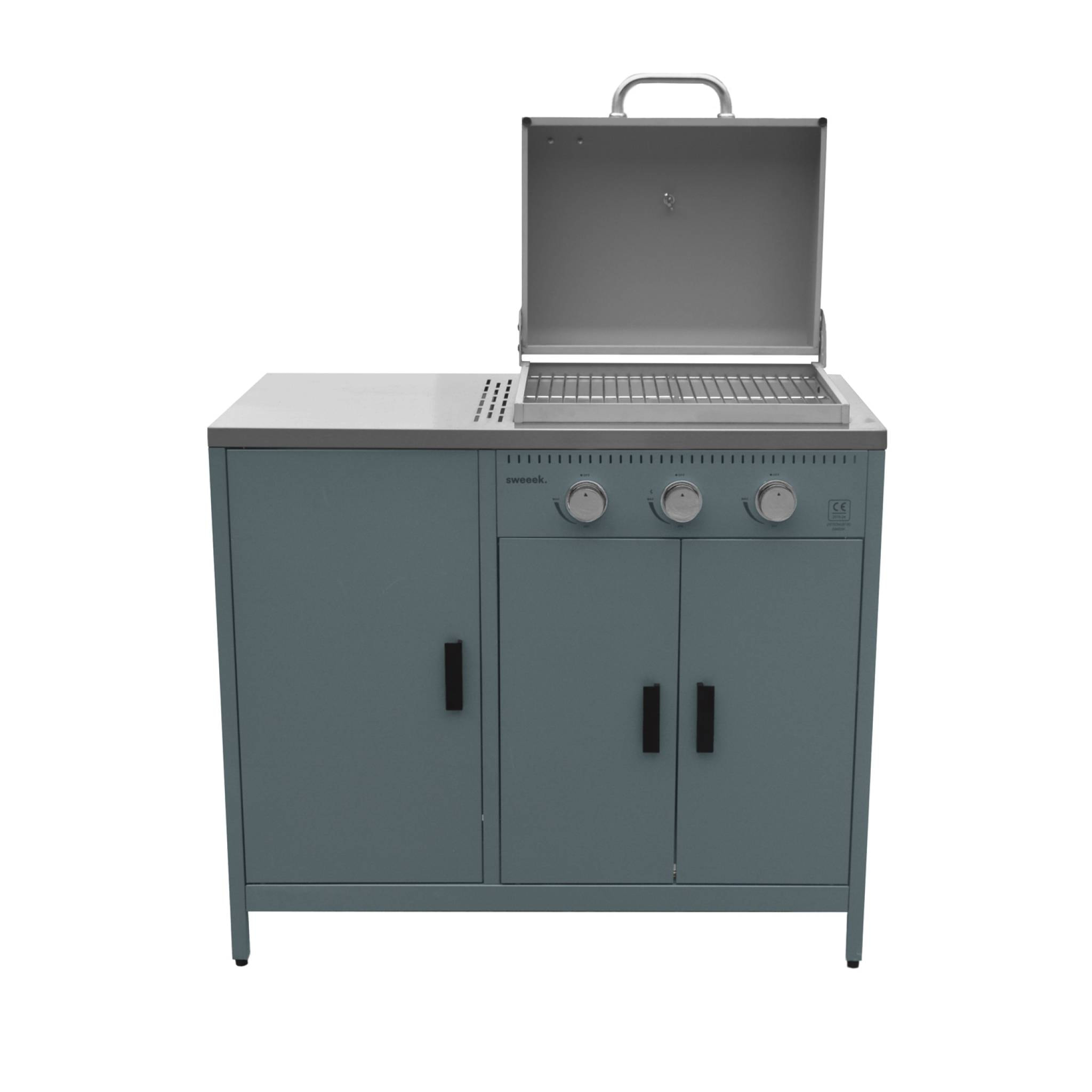 Cuisine extérieure Naxos 2 modules acier inoxydable bleu gris barbecue gaz 3 brûleurs avec évier