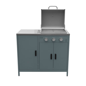 Cuisine extérieure Naxos 2 modules acier inoxydable bleu gris barbecue gaz 3 brûleurs avec évier
