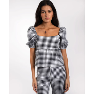Blusa de mujer con cuadros vichy con mangas abullonadas