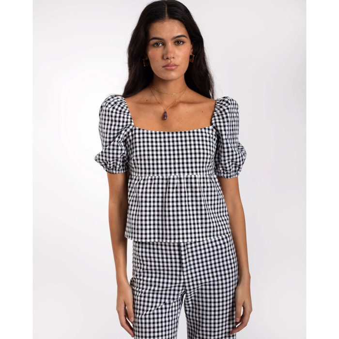 Blusa de mujer con cuadros vichy con mangas abullonadas