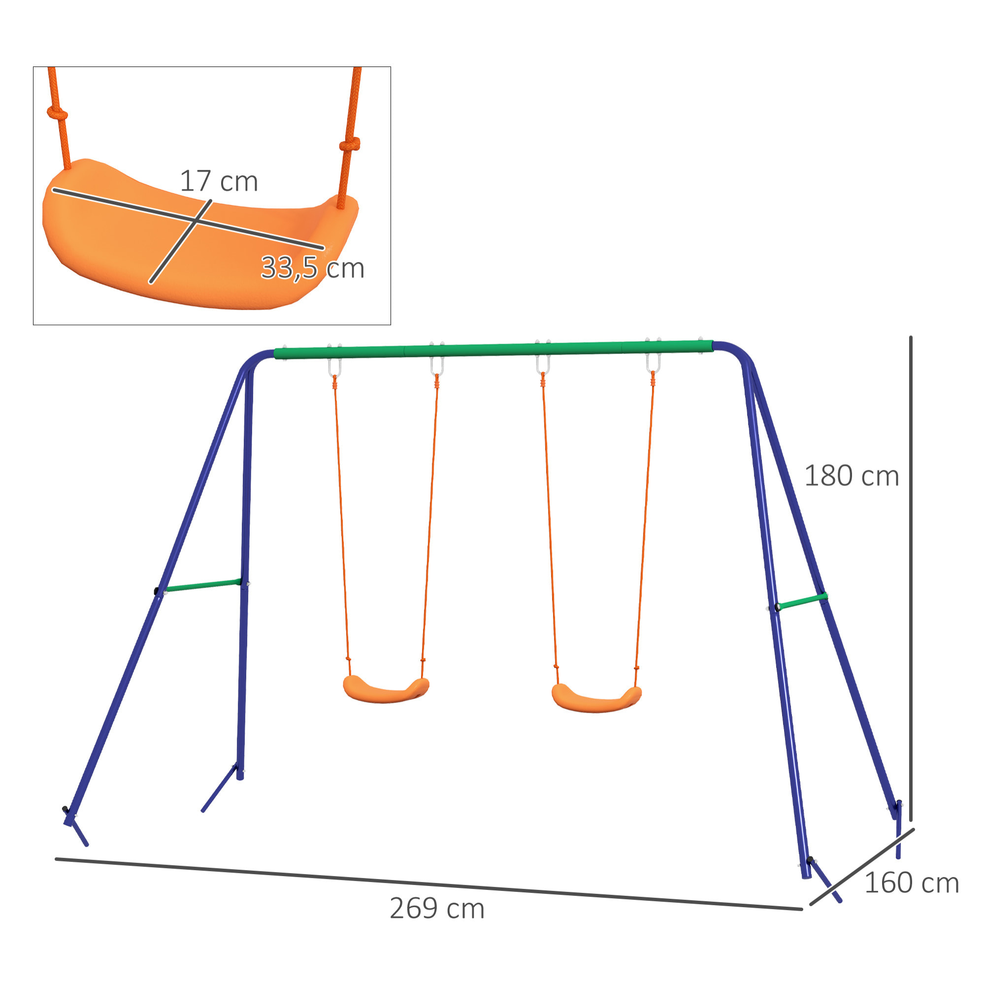 Balançoire 2 agrès portique avec 2 balançoires dim. 2,69L x 1,6l x 1,8H m métal époxy anticorrosion vert bleu PP orange