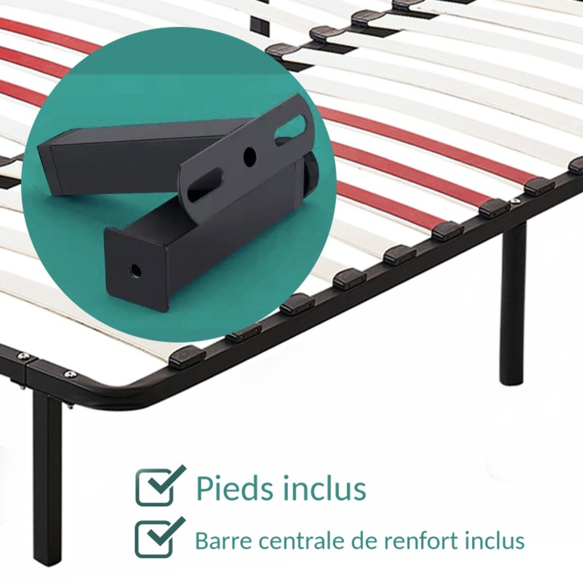 Sommier Orthosense | Cadre de lit métallique | Lattes flexibles | Zone de soutien au niveau des lombaires | 7 Pieds Inclus |