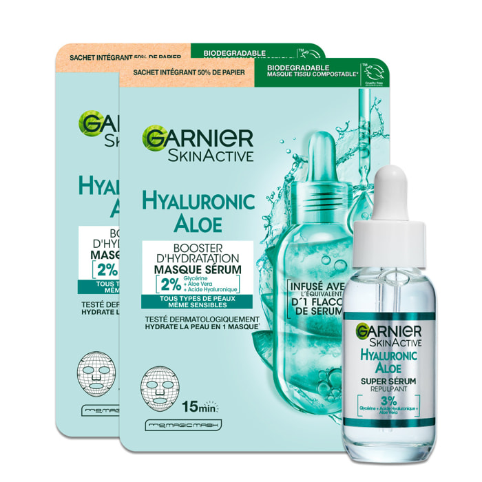 Garnier SkinActive Hyaluronic Aloe Routine Hydratante et Repulpante, Sérum, Gel Repulpant, Masque Tissu