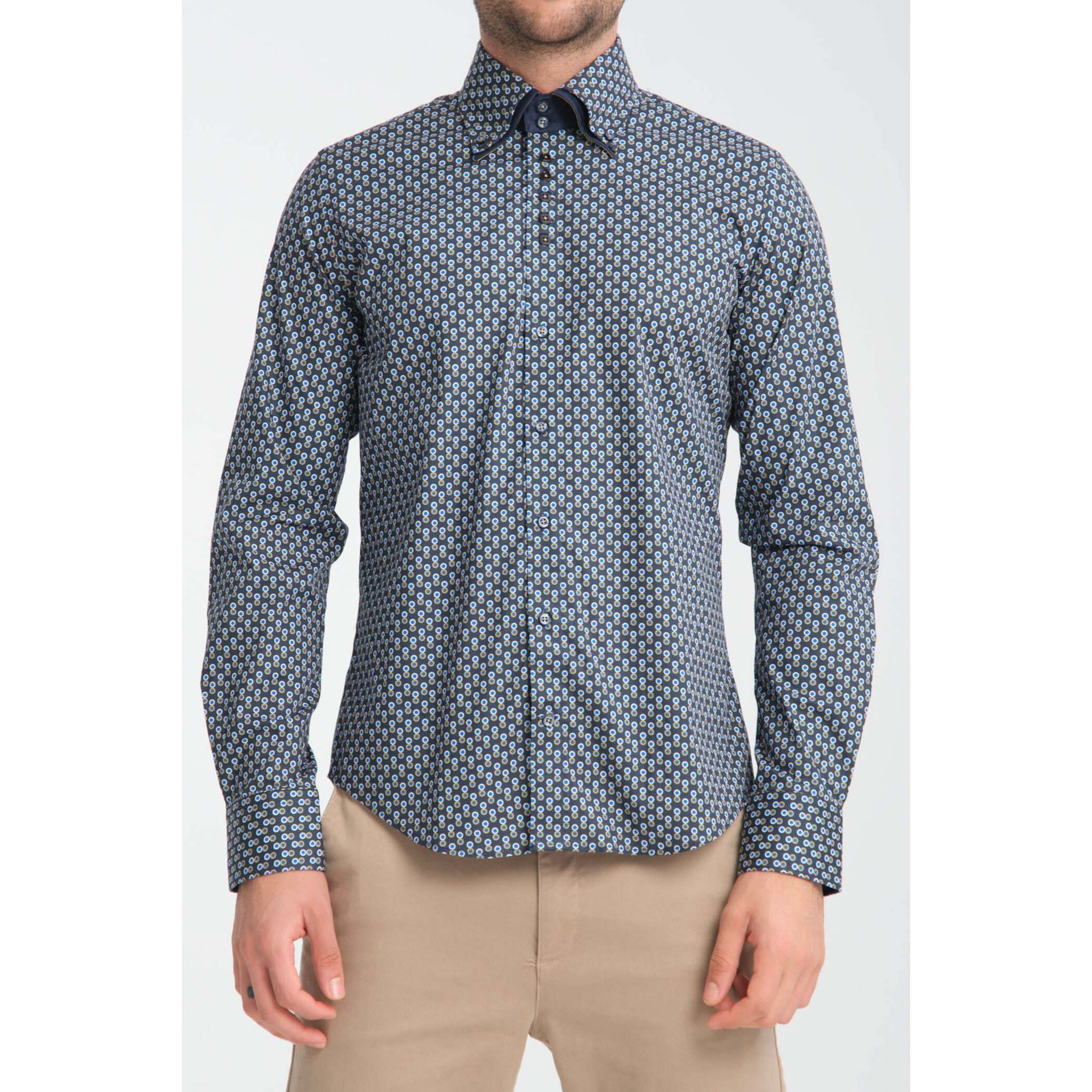 Camicia Uomo 2 Bottoni Button Down 7bottoni Doppio Coll Popeline Stretch Stampato Blu e Ocra