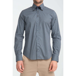 Camicia Uomo 2 Bottoni Button Down 7bottoni Doppio Coll Popeline Stretch Stampato Blu e Ocra