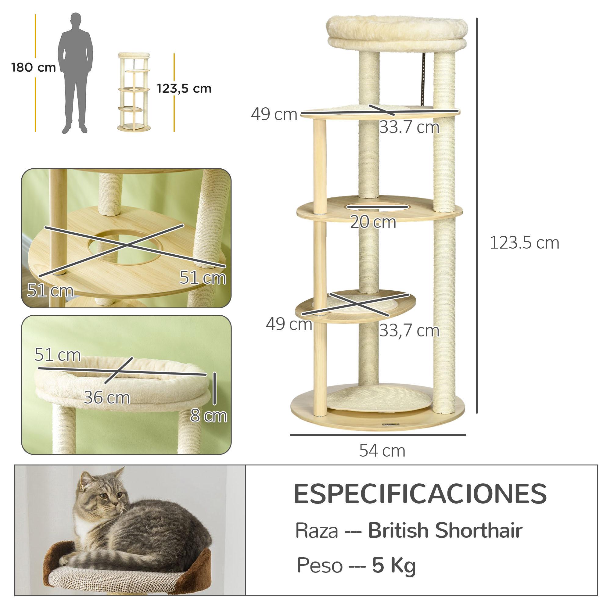 PawHut Árbol Rascador para Gatos de Madera 123,5 cm Torre Escalador para Gatos con Múltiples Plataformas Cama Desmontable y Cojines Ø54x123,5 cm Roble