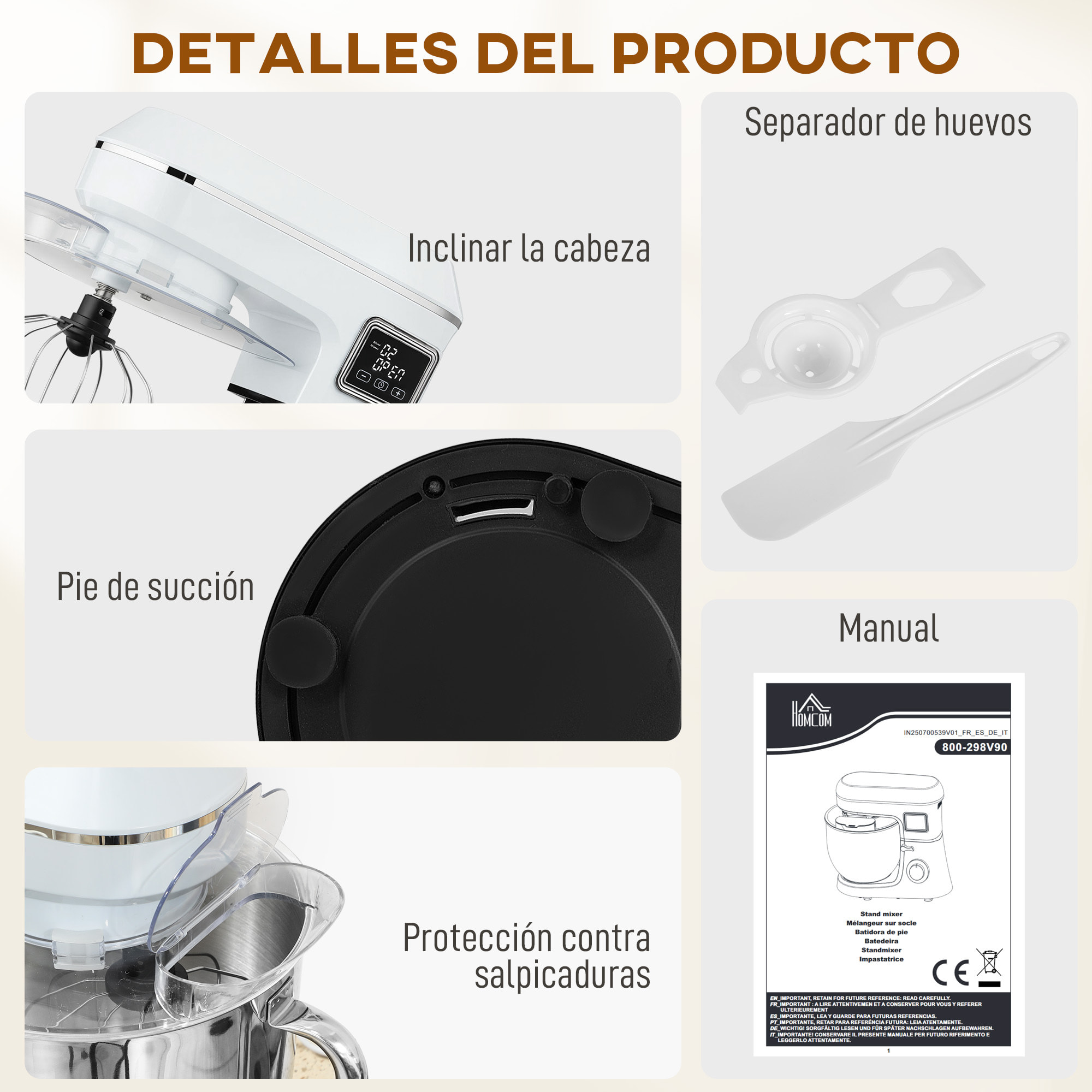 Batidora Amasadora 6L, Amasadora de Pan 1400W, 6 Velocidades, LED, Fermentación, Bol de Acero Inoxidable, Batidor, Gancho, Varilla, Protector contra Salpicaduras, Blanco