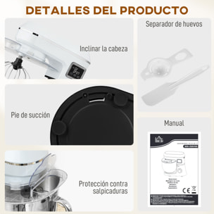 Batidora Amasadora 6L, Amasadora de Pan 1400W, 6 Velocidades, LED, Fermentación, Bol de Acero Inoxidable, Batidor, Gancho, Varilla, Protector contra Salpicaduras, Blanco
