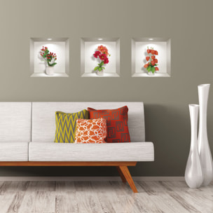 Stickers muraux 3D | Sticker Mural Autocollant effet 3D Dahlia rouge, orange et fleurs de groseilles - Stickers adhésifs 3D Chambre Salon Trompe l'oeil