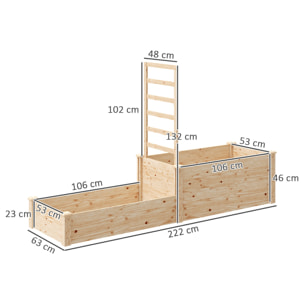 Jardinera Exterior Grande de Madera Jardinera Elevada con Celosía para Plantas Trepadoras y 2 Cajas de Cultivo para Jardín Patio Terraza 222x63x132 cm Natural