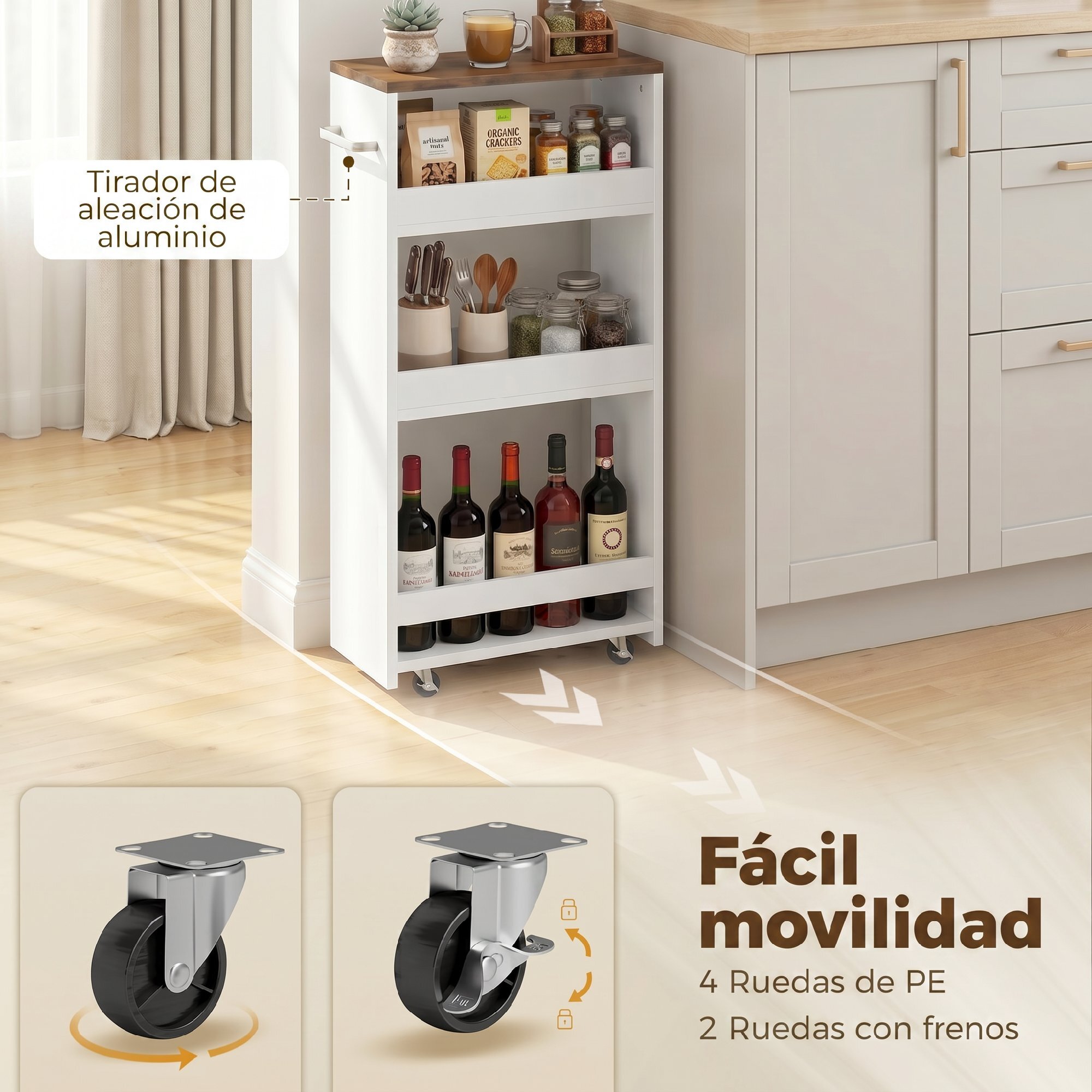 Carrito de Cocina Estrecho de 3 Niveles con Ruedas y Asa Lateral, Carro de Cocina Rodante para Espacios Reducidos, Comedor o Salón, 40x20x84 cm, Blanco