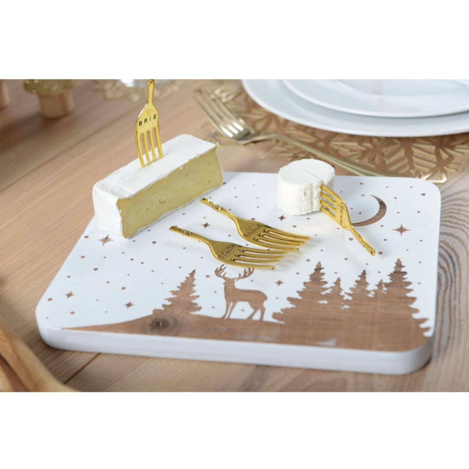 Plateau a fromage bois cerf rectangulaire et 4 fourchettes dorees