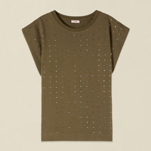 Oltre - T-shirt in cotone con cristalli - Verde militare