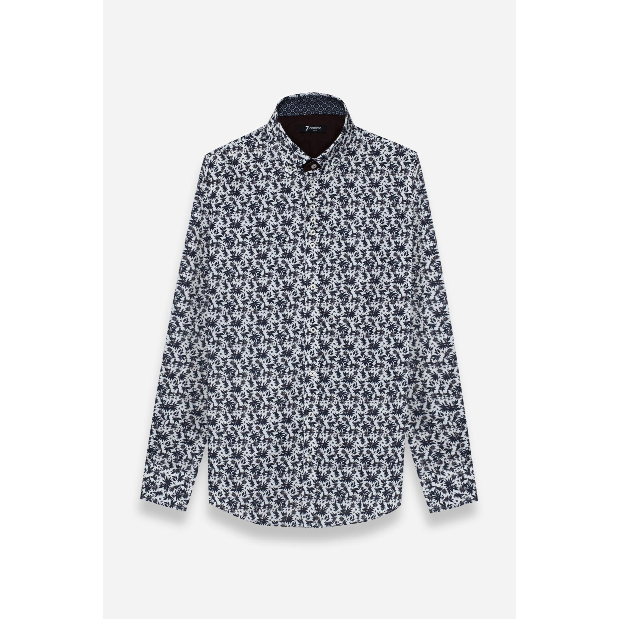 Camicia Uomo 1 Bottoni Button Down Slim Popeline Stampato Bianco e Blu