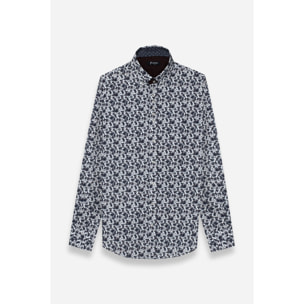 Camicia Uomo 1 Bottoni Button Down Slim Popeline Stampato Bianco e Blu