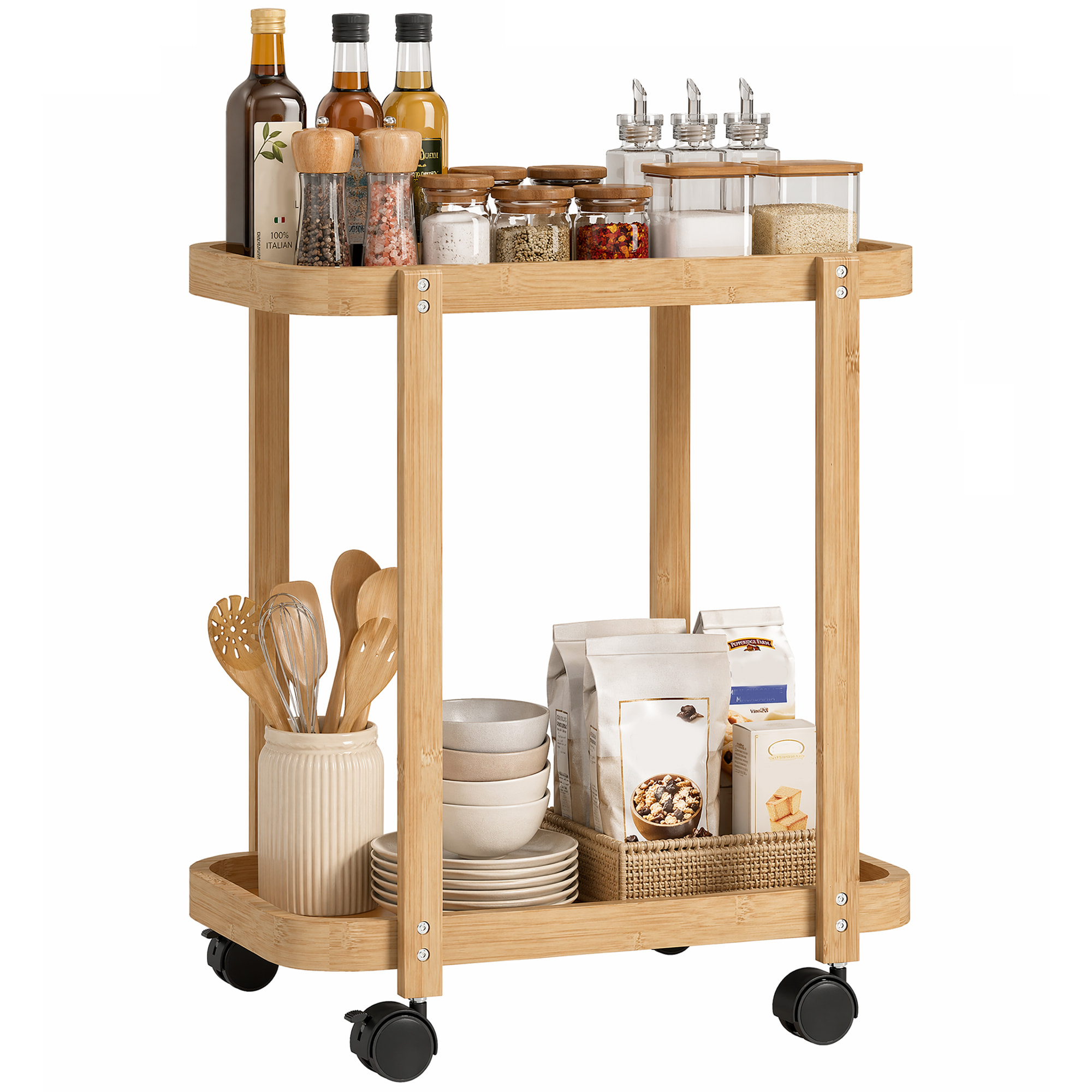 Carrito de Cocina de Bambú de 2 Niveles, Carrito Auxiliar de Cocina con Ruedas, 2 Estantes Abiertos, Diseño Curvo, para Comedor, 54x36,5x60 cm, Natural