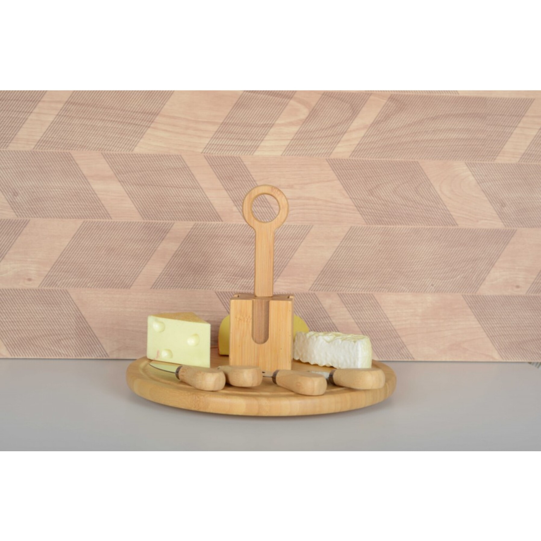 Plateau à fromage en bois tournant avec 4 ustensiles fromage