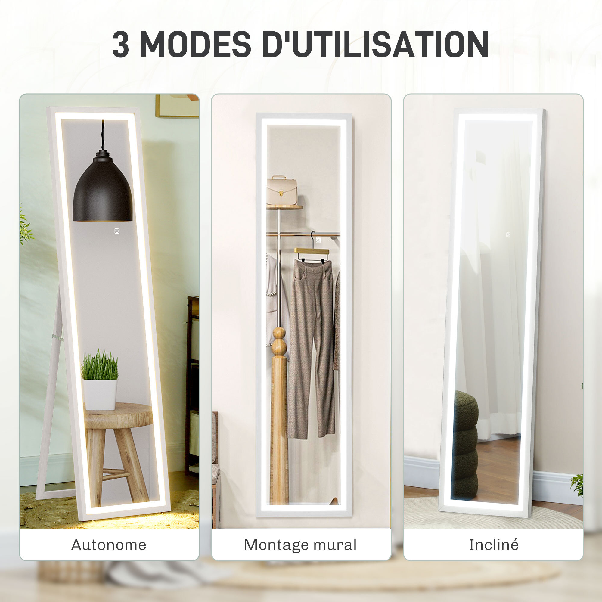 Grand miroir LED pleine longueur 40 x 160 cm autoportant ou à fixer - 3 couleurs luminosité réglable - effet bois blanc