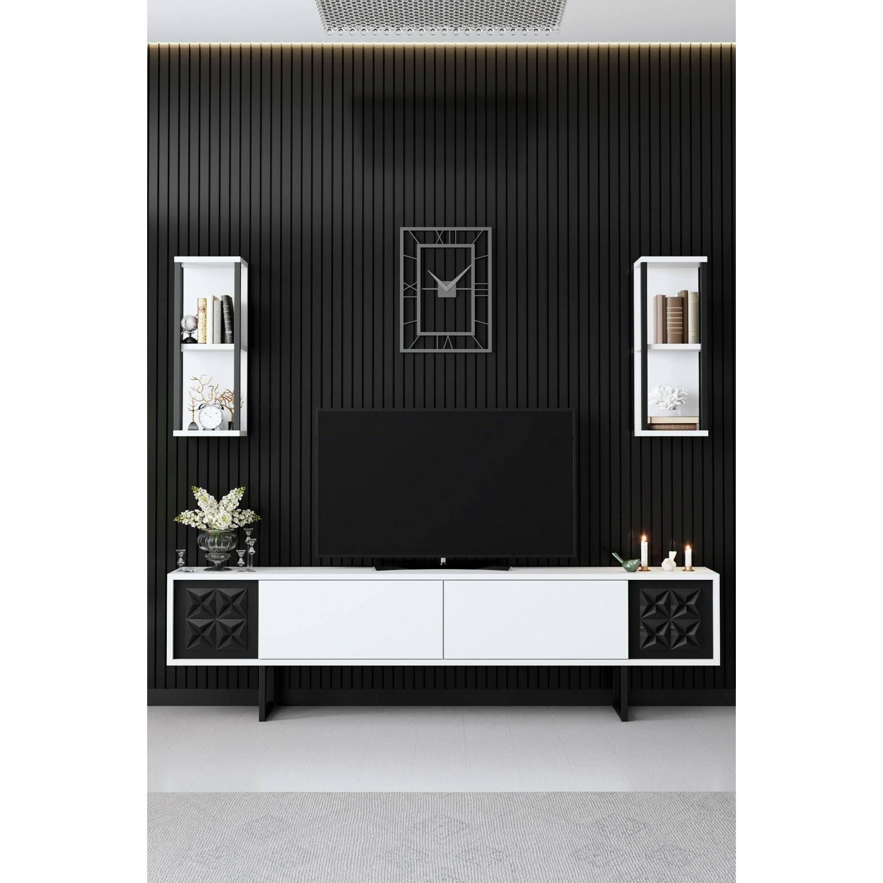 Mobile porta TV Dmiggian, Credenza da soggiorno, Armadio basso per TV, Base parete attrezzata, 180x30h48 cm, Bianco e Nero