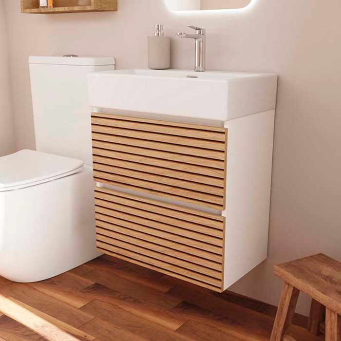 Meuble de Salle de Bain YINU | 70 cm Blanc - Solomon | Fond 36 cm | Deux Tiroirs | Lavabo Encastre | N'inclut Pas Miroir | Meuble Monte | Alday
