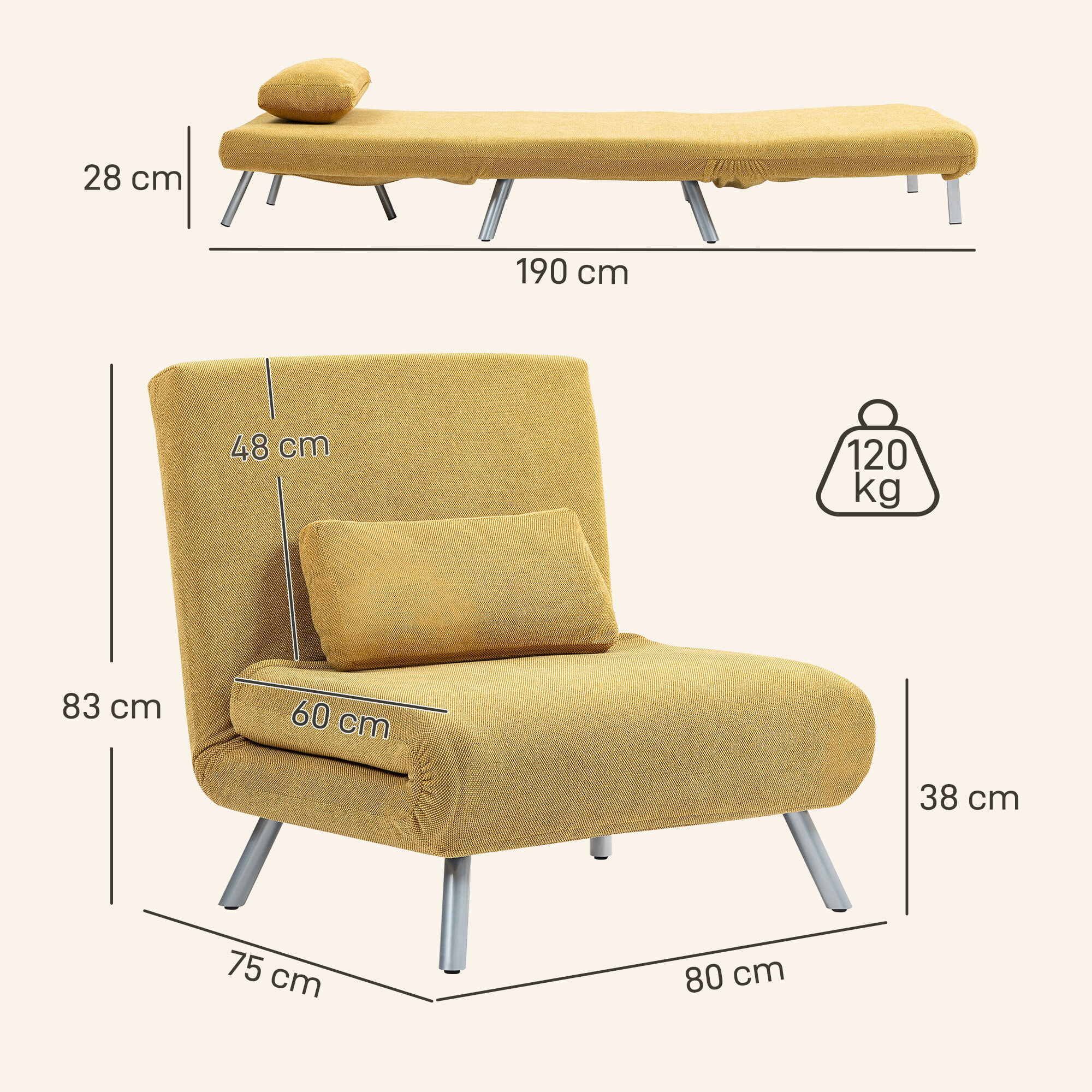 Sofá Cama de 1 Plazas 3 en 1 Sillón Cama Plegable Tapizado en Chenilla con Respaldo Ajustable de 5 Niveles y Almohada Acolchada para Oficina Dormitorio Salón 80x75x83 cm Amarillo