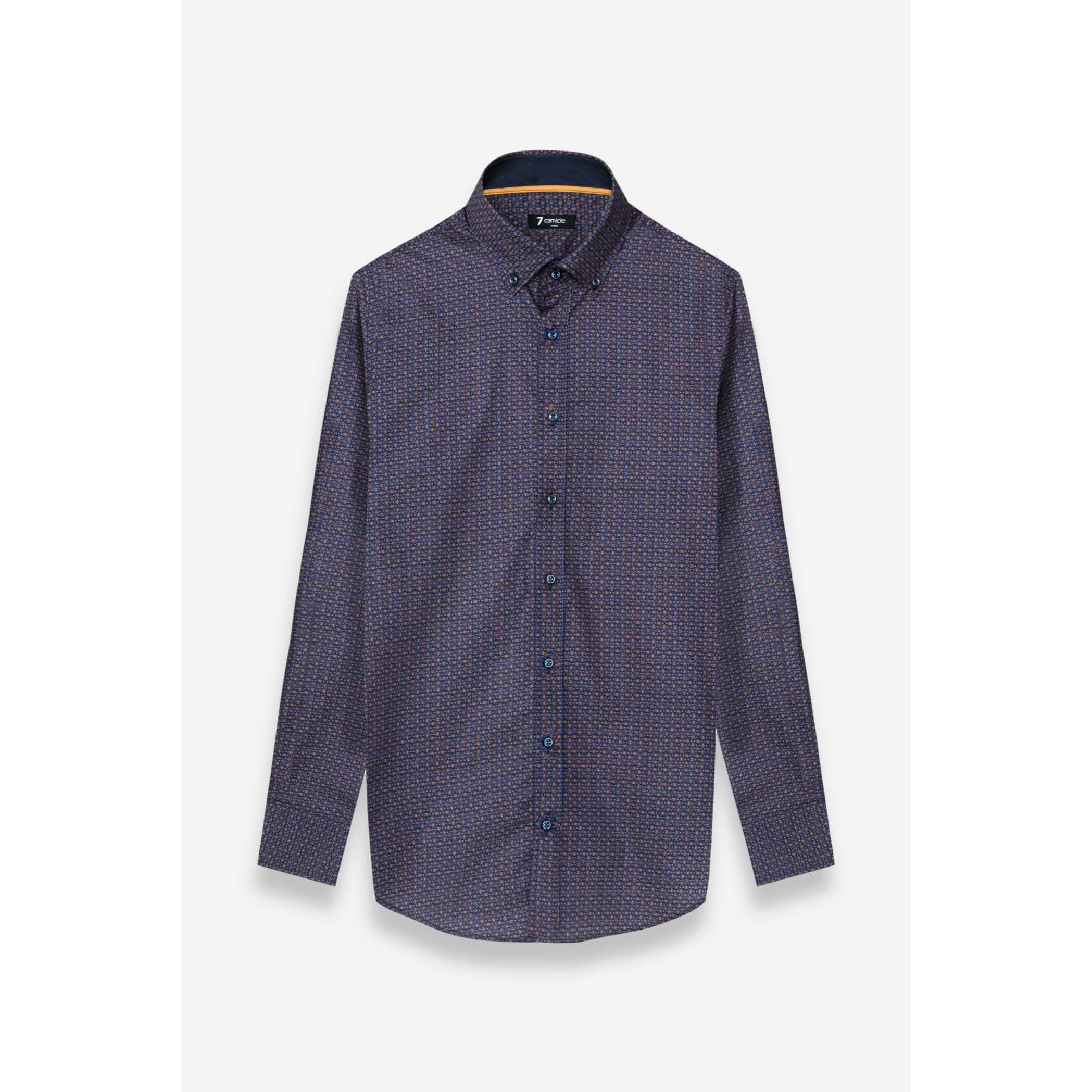 camicia uomo 1 bottone button down slim Popeline Stampato Bluette e Ocra