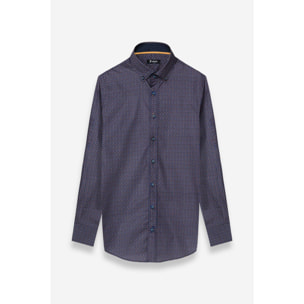 camicia uomo 1 bottone button down slim Popeline Stampato Bluette e Ocra