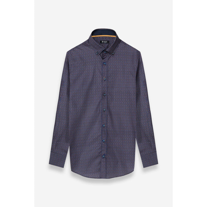 camicia uomo 1 bottone button down slim Popeline Stampato Bluette e Ocra