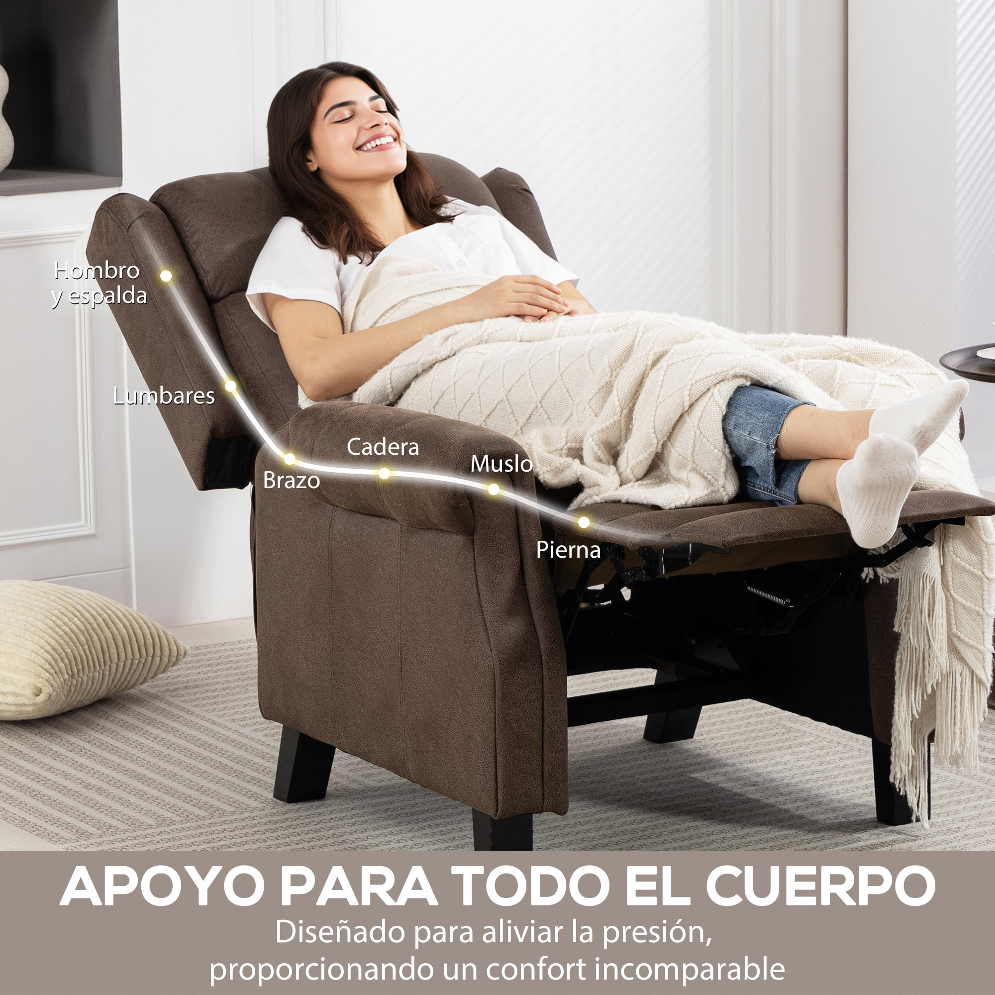 Sillón Relax Reclinable Manual, Sillón Relax de Cuero Sintético con Apertura Push, Reposapiés, Respaldo Alto, Acolchado Grueso, Butaca Reclinable hasta 135Âº para Salón, Dormitorio, Marrón