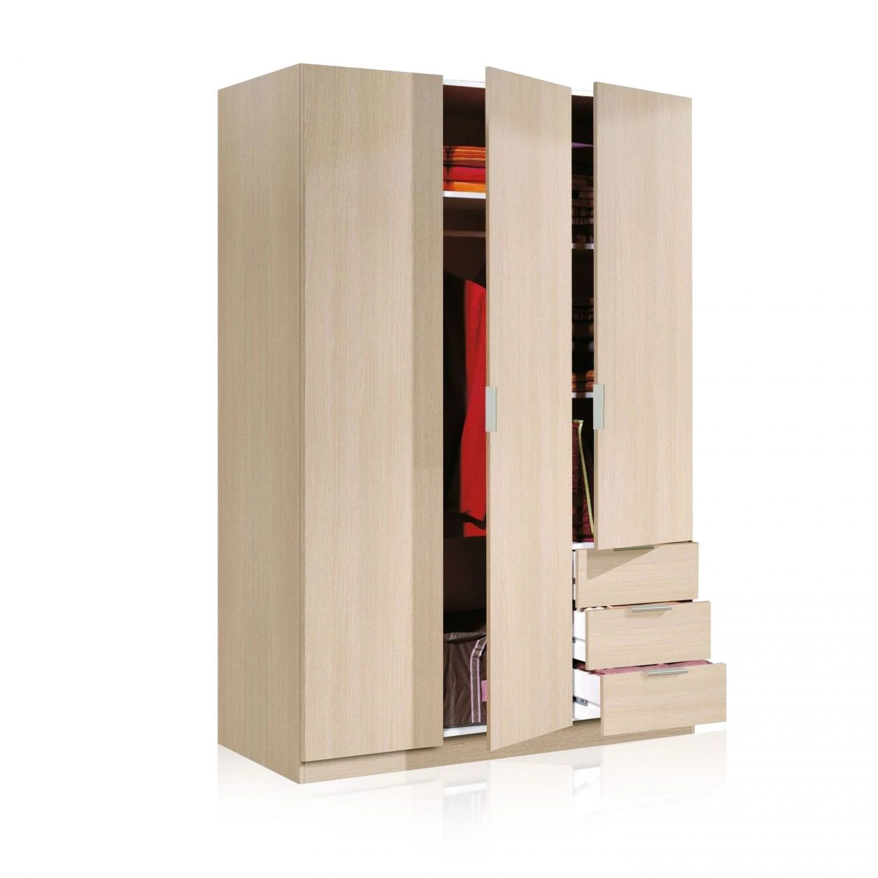 Armario de 3 puertas y 3 cajones en roble 121x180 cm Low Cost Roble