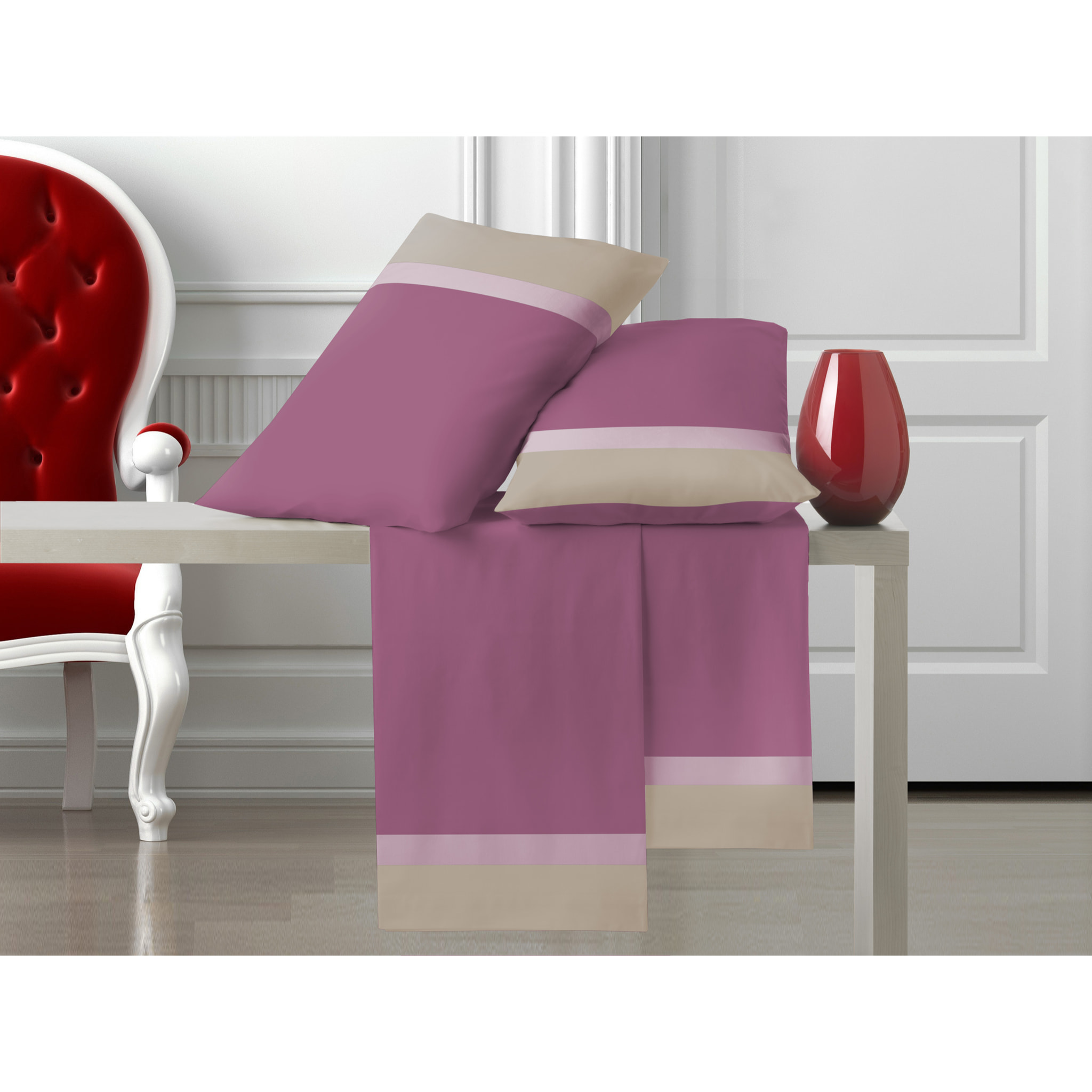 Completo letto doppia balza RASO IPERSAN Puro Cotone Panna/Malva fondo Prugna