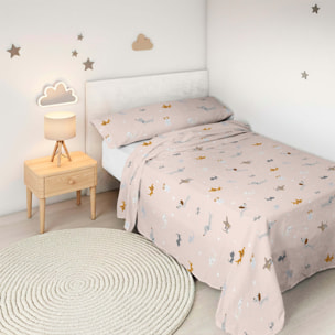 Juego de Sábanas Estampadas - Infantil - Incluye 1 Funda de Almohada - 100% Algodón - Amigos Peludos Reverso