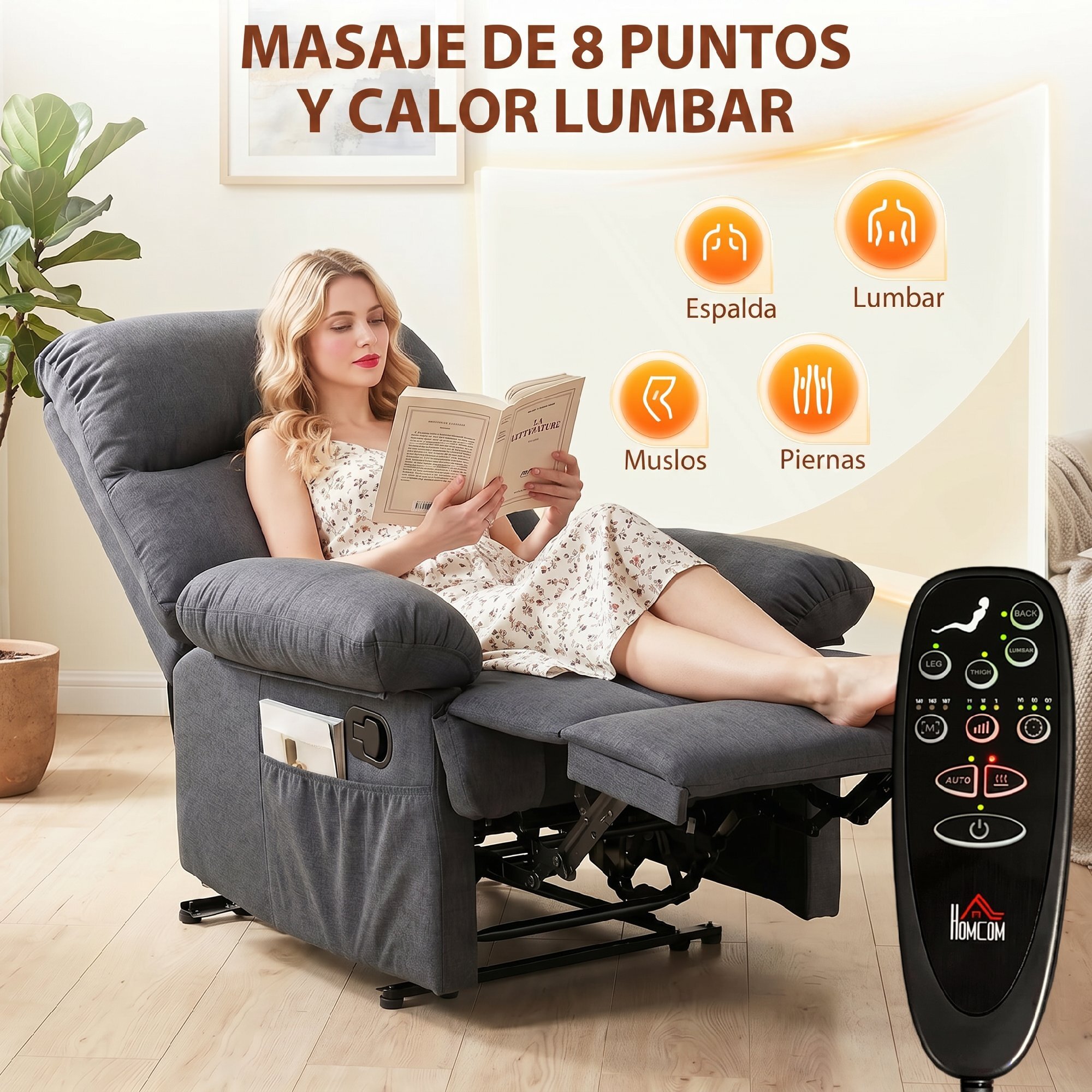 Sillón de Masaje, Sillón Relax Reclinable con 8 Puntos de Masaje, Función Calefacción Lumbar, Mando a Distancia, Asiento con Muelles, Bolsillos Laterales, Tejido Efecto Lino, Gris Oscuro