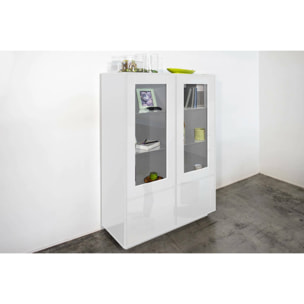 Vetrina Bettino, Credenza a 4 ante con ripiani in vetro, Mobile da soggiorno multiuso, 100% Made in Italy, cm 100x41h146, Bianco lucido