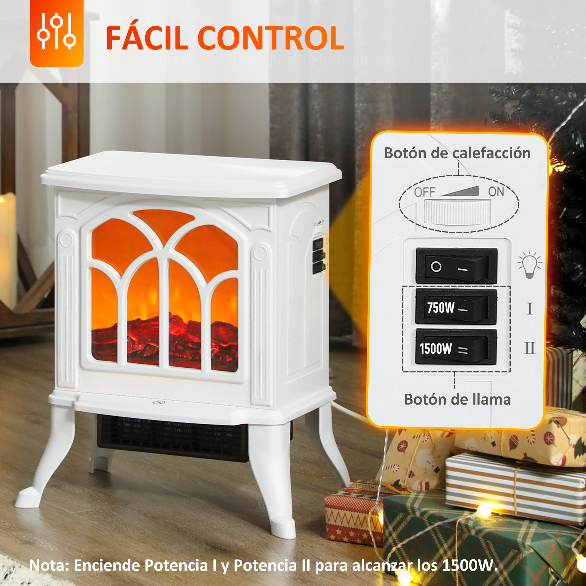 Chimenea Eléctrica de Pie 750/1500 W, Chimenea Decorativa con 2 Niveles de Potencia, Efecto Llama, Protección Sobrecalentamiento, Área de Cobertura 15-20 m², Blanco