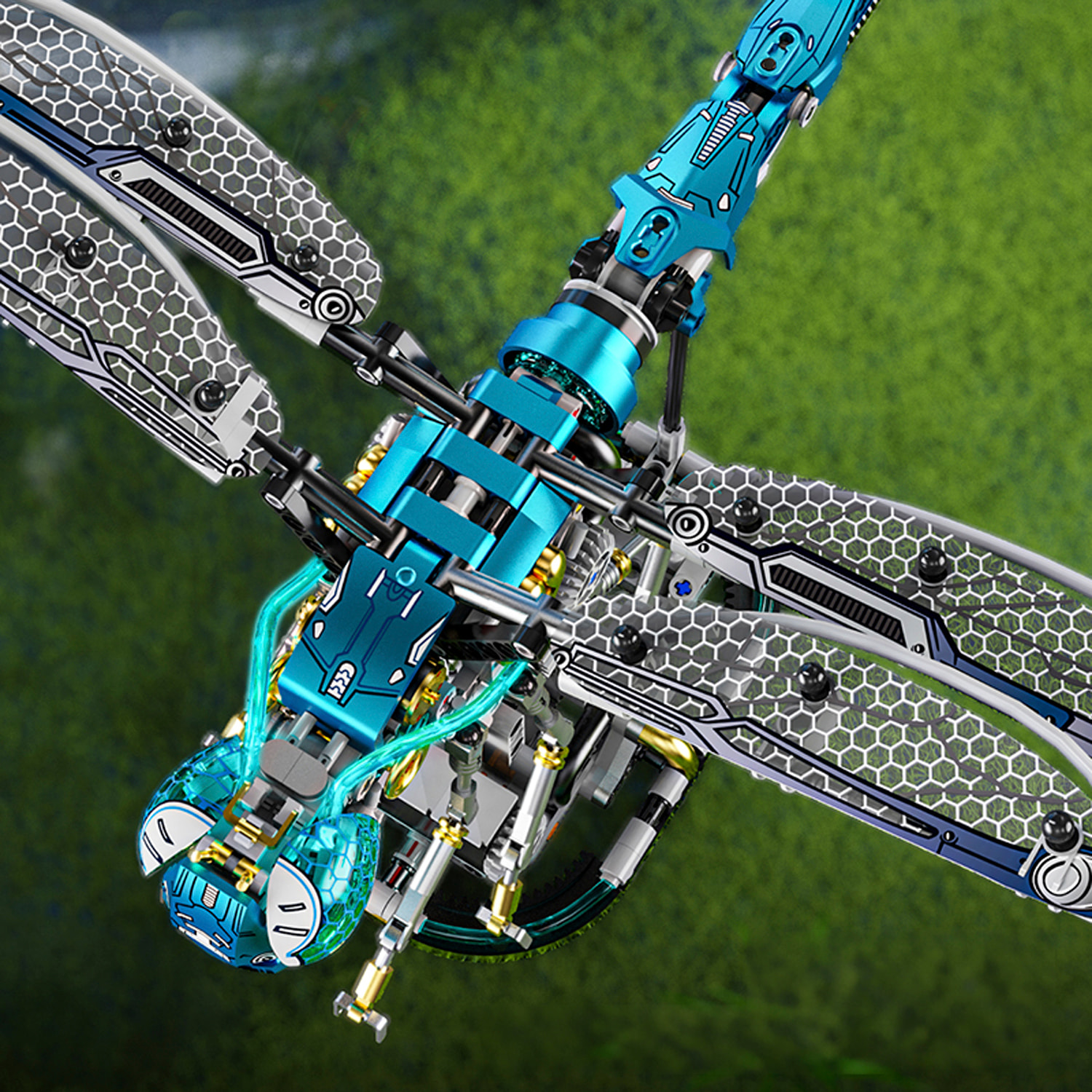 Maqueta 3D mecanizada de libélula con 866 piezas, equipada con luces y mecanismo de manivela que permite movimiento dinámico.