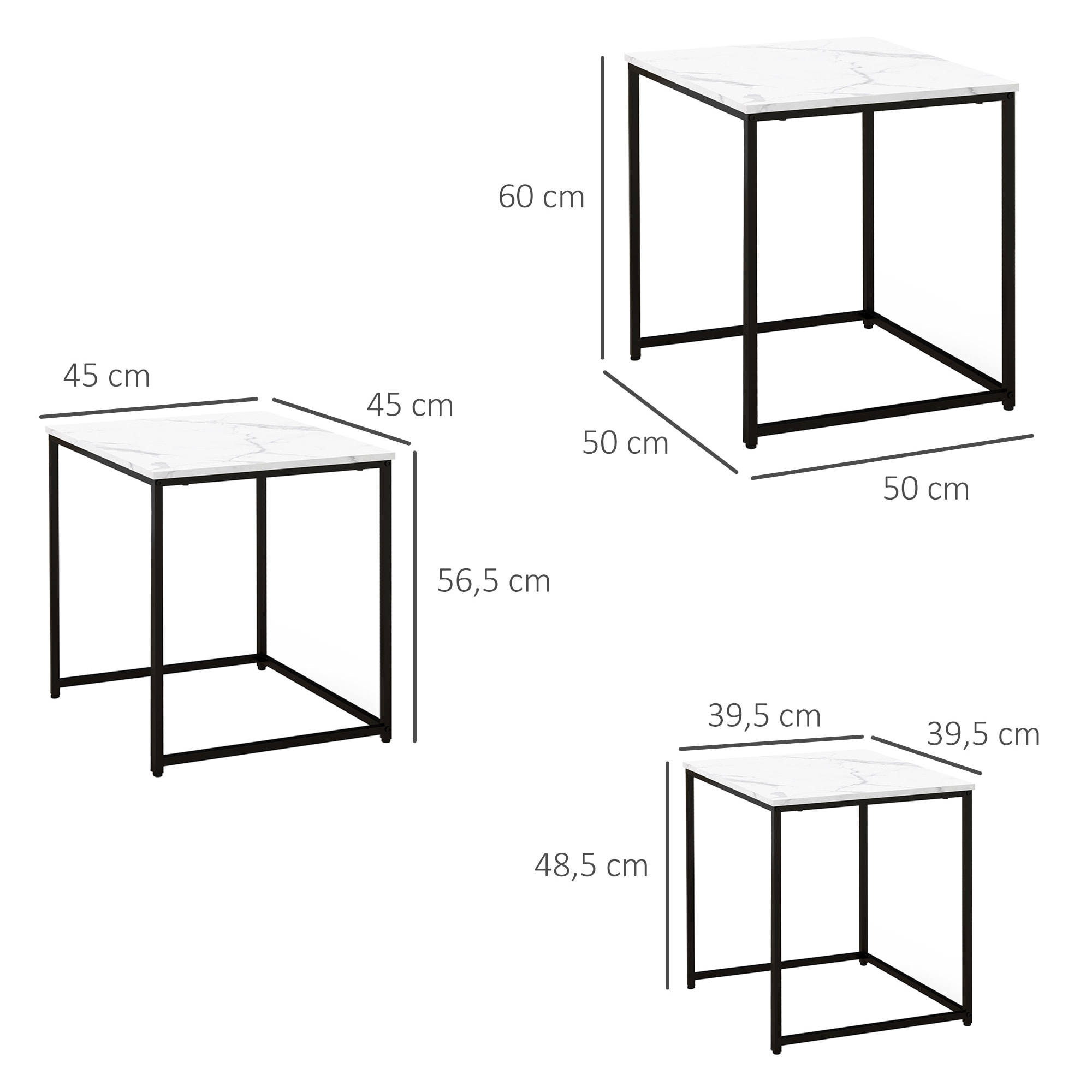Juego de 3 Mesas Auxiliares para Salón, Mesas Nido con Efecto Mármol y Marco de Acero, Estilo Moderno, para Sala de Estar, Dormitorio, Blanco