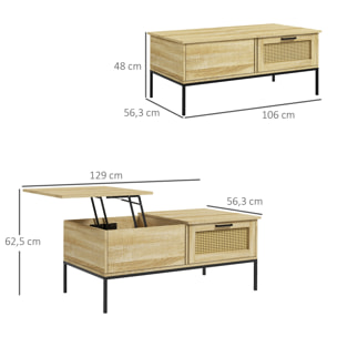 Table basse relevable style bohème chic - 2 tiroirs, compartiment - aspect cannage rotin PVC panneaux aspect bois clair