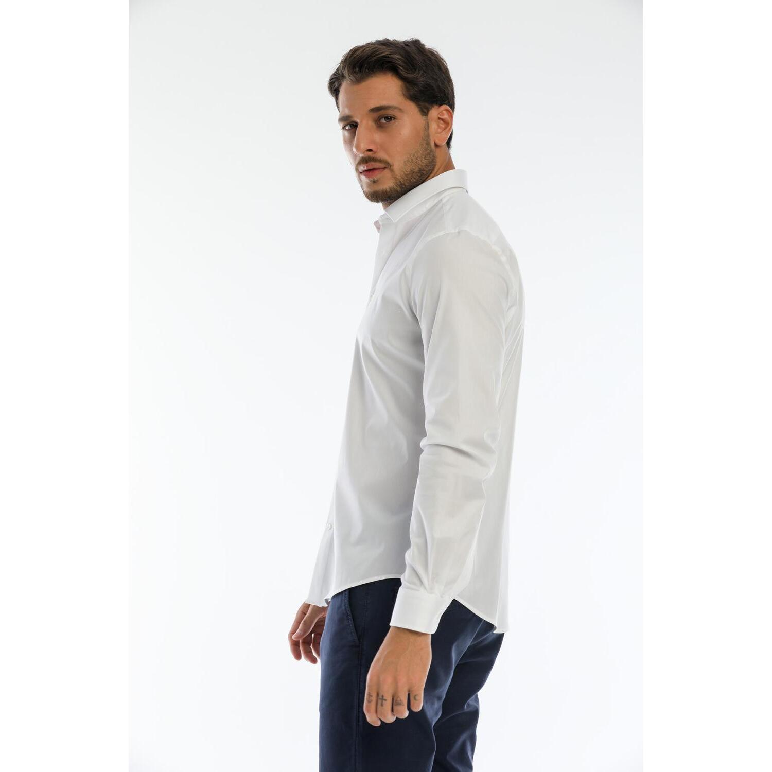 Camicia Uomo 1 Bottone Italiano Slim Popeline Stretch Unito Bianco